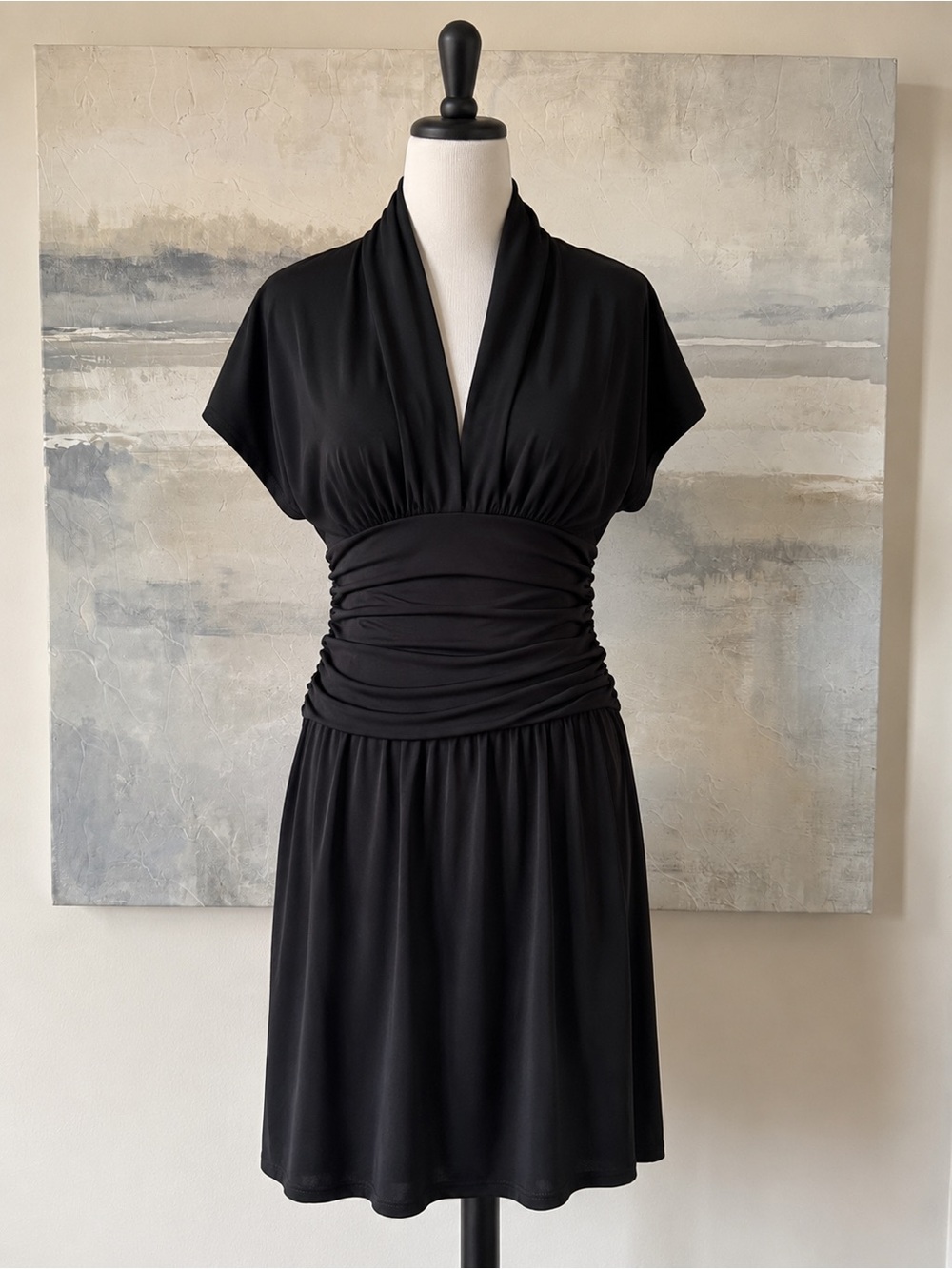 Boston Proper- Wrinkle Resistant Ruched, Cap Sleeve Stretch Little Black Dress